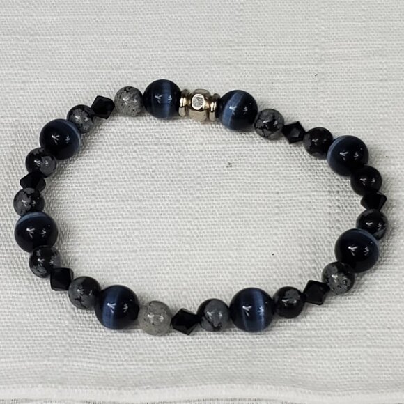 Black Cats Eye Beading Granite Beading Stretch Bracelet & Post Earrings To Match - Picture 3 of 9